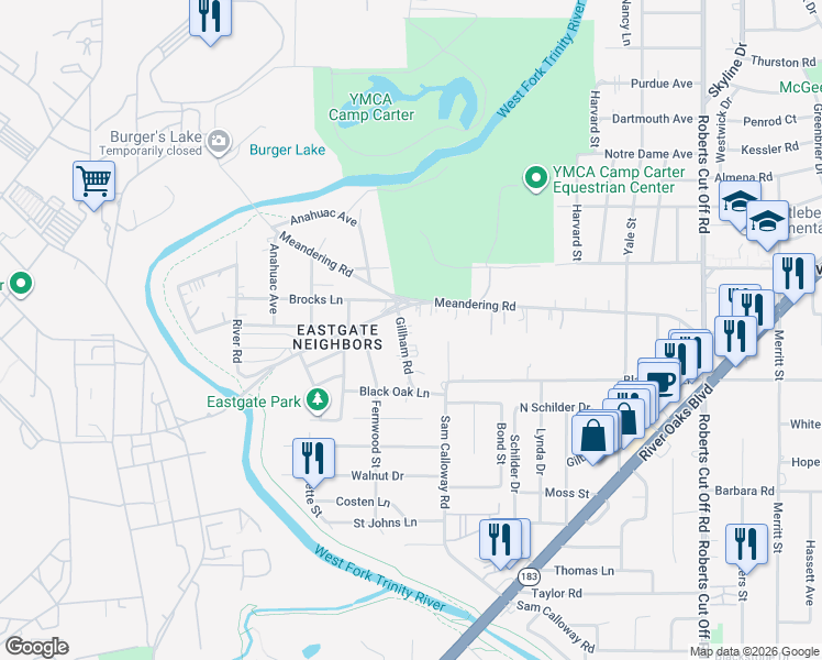 map of restaurants, bars, coffee shops, grocery stores, and more near 942 Gillham Rd in River Oaks