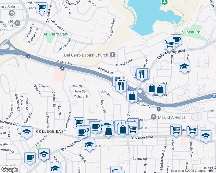 map of restaurants, bars, coffee shops, grocery stores, and more near 6911 Alvarado Road in San Diego