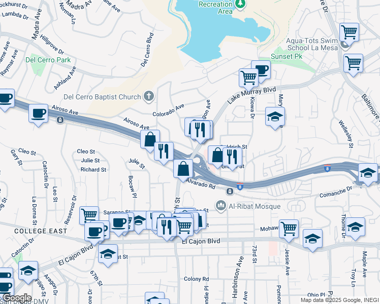 map of restaurants, bars, coffee shops, grocery stores, and more near 5200 Lake Murray Boulevard in La Mesa