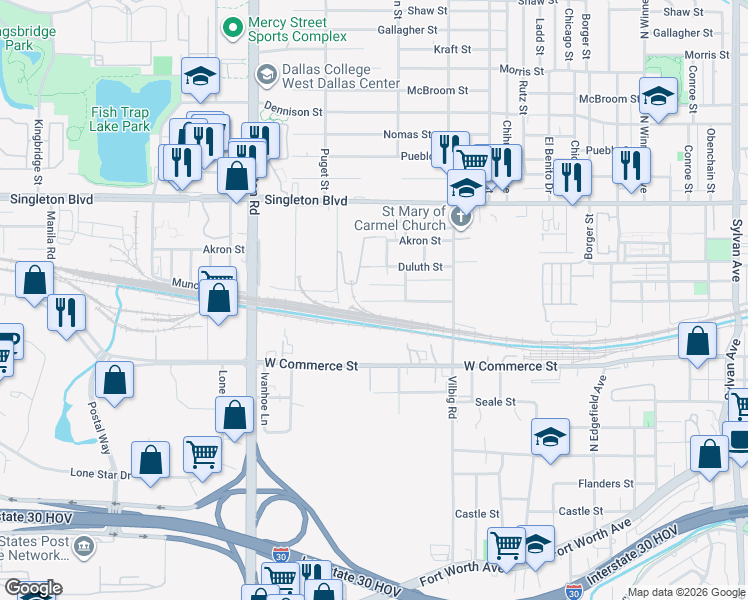 map of restaurants, bars, coffee shops, grocery stores, and more near 1931 Muncie Avenue in Dallas