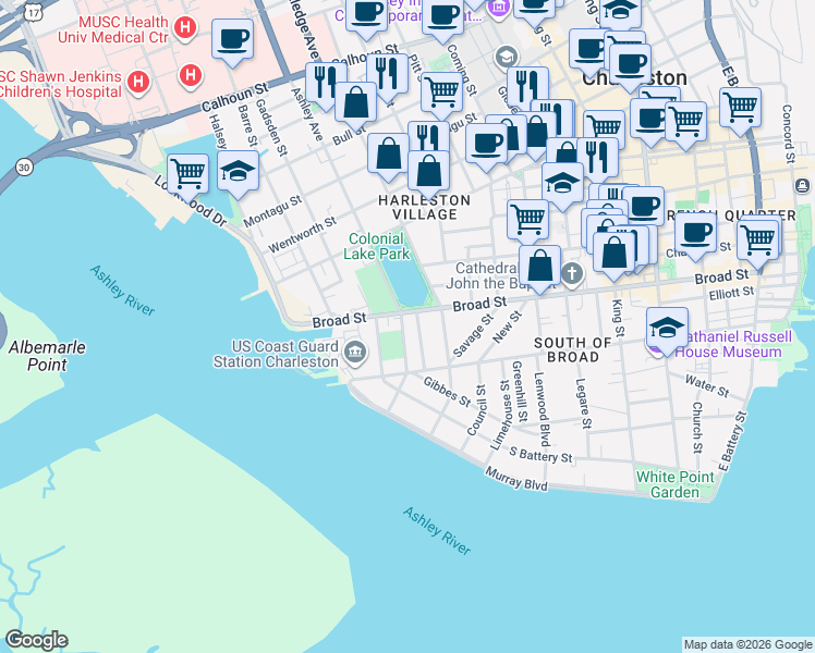 map of restaurants, bars, coffee shops, grocery stores, and more near 38 Ashley Avenue in Charleston