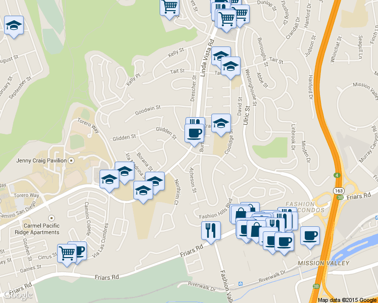 map of restaurants, bars, coffee shops, grocery stores, and more near 6676 Linda Vista Road in San Diego