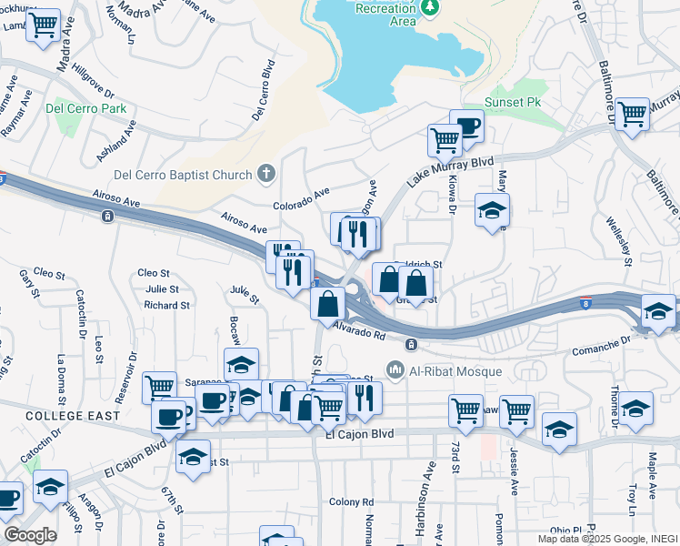 map of restaurants, bars, coffee shops, grocery stores, and more near 5200 Lake Murray Boulevard in La Mesa