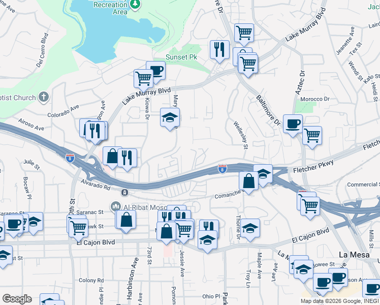 map of restaurants, bars, coffee shops, grocery stores, and more near 7400 Parkway Drive in La Mesa