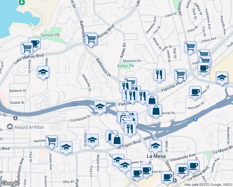 map of restaurants, bars, coffee shops, grocery stores, and more near 7800 Parkway Drive in La Mesa