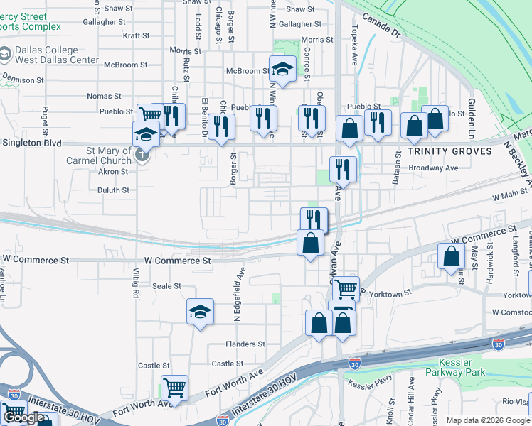 map of restaurants, bars, coffee shops, grocery stores, and more near 1105 Muncie Avenue in Dallas