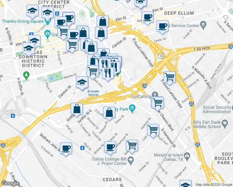 map of restaurants, bars, coffee shops, grocery stores, and more near East R L Thornton Freeway in Dallas