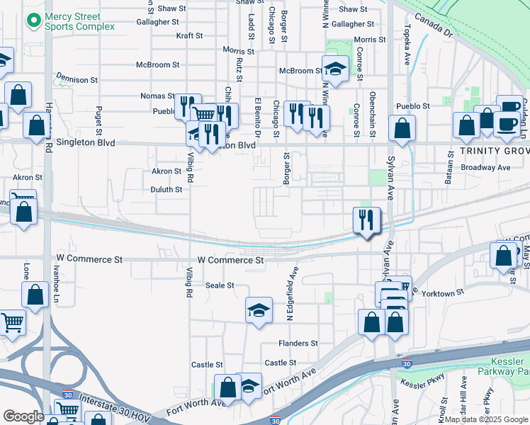 map of restaurants, bars, coffee shops, grocery stores, and more near 2507 La Altura Lane in Dallas