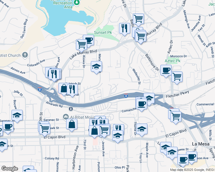 map of restaurants, bars, coffee shops, grocery stores, and more near 7400 Parkway Drive in La Mesa
