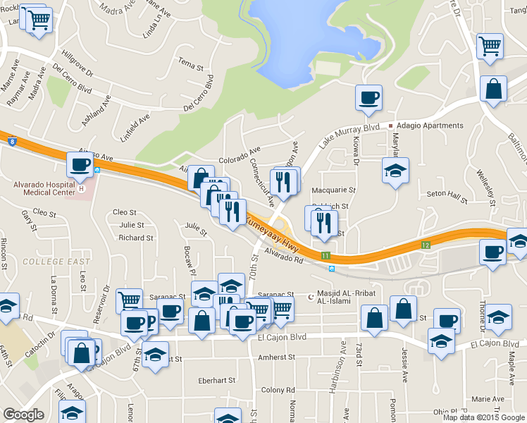 map of restaurants, bars, coffee shops, grocery stores, and more near 6971 Wisconsin Avenue in La Mesa