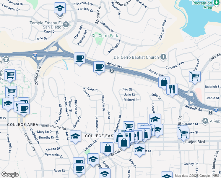 map of restaurants, bars, coffee shops, grocery stores, and more near 5474 Reservoir Drive in San Diego
