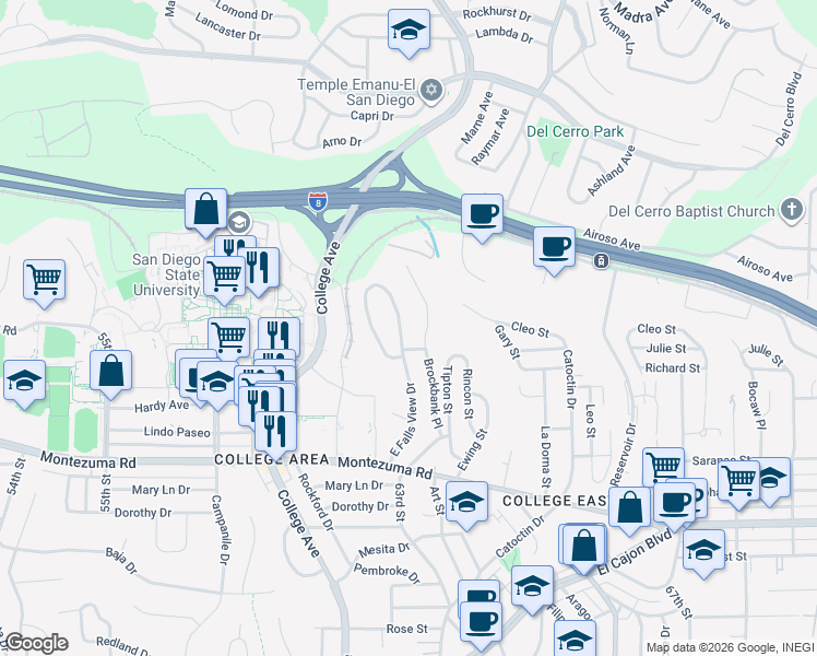 map of restaurants, bars, coffee shops, grocery stores, and more near 5325 East Falls View Drive in San Diego