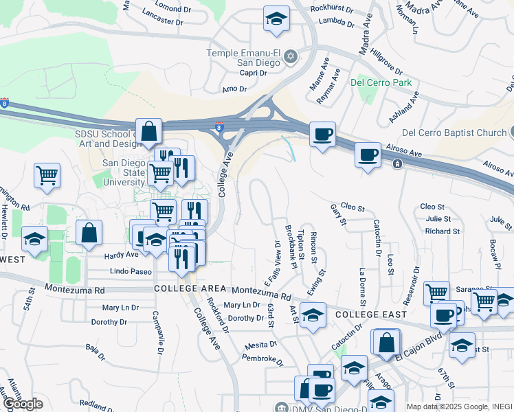 map of restaurants, bars, coffee shops, grocery stores, and more near 5336 West Falls View Drive in San Diego