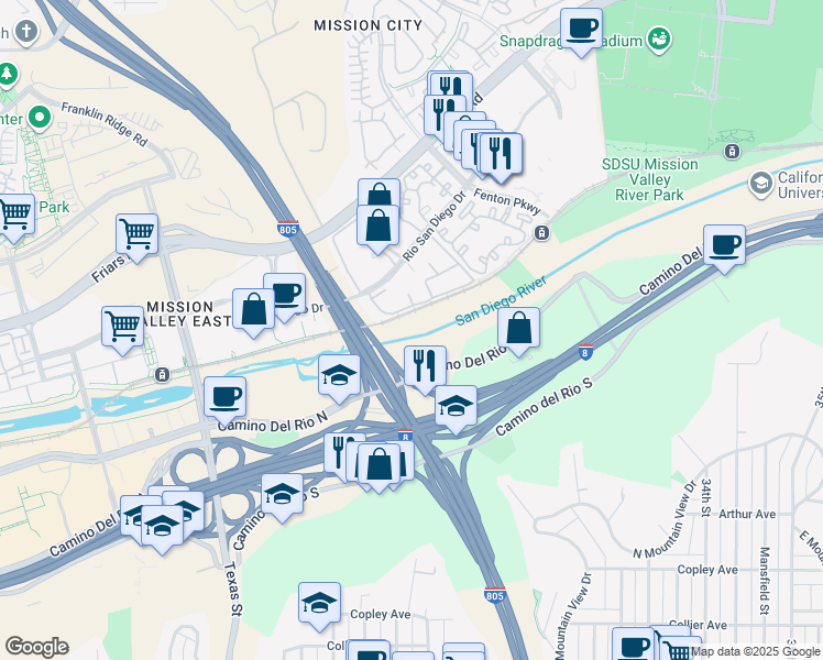 map of restaurants, bars, coffee shops, grocery stores, and more near 9939 Rio San Diego Drive in San Diego