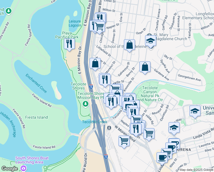 map of restaurants, bars, coffee shops, grocery stores, and more near 1325 Frankfort Street in San Diego