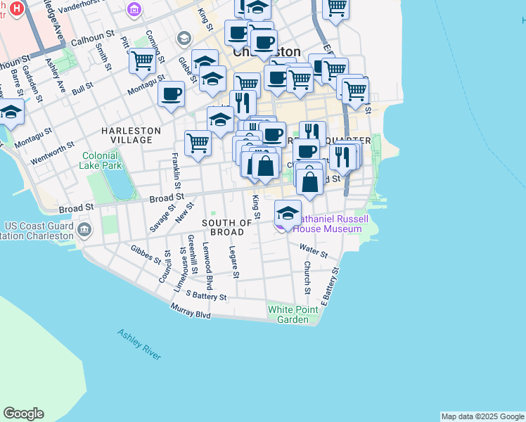 map of restaurants, bars, coffee shops, grocery stores, and more near 90 Tradd Street in Charleston