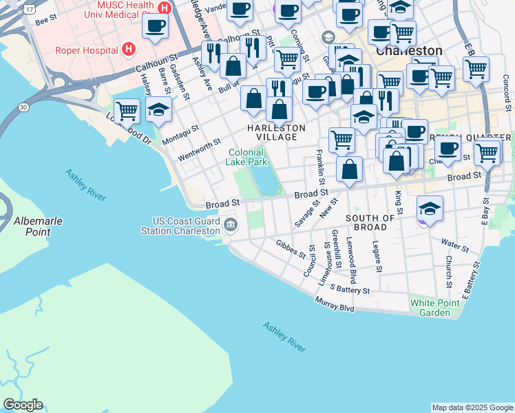 map of restaurants, bars, coffee shops, grocery stores, and more near 38 Ashley Avenue in Charleston