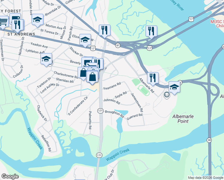 map of restaurants, bars, coffee shops, grocery stores, and more near 15 Yeamans Road in Charleston