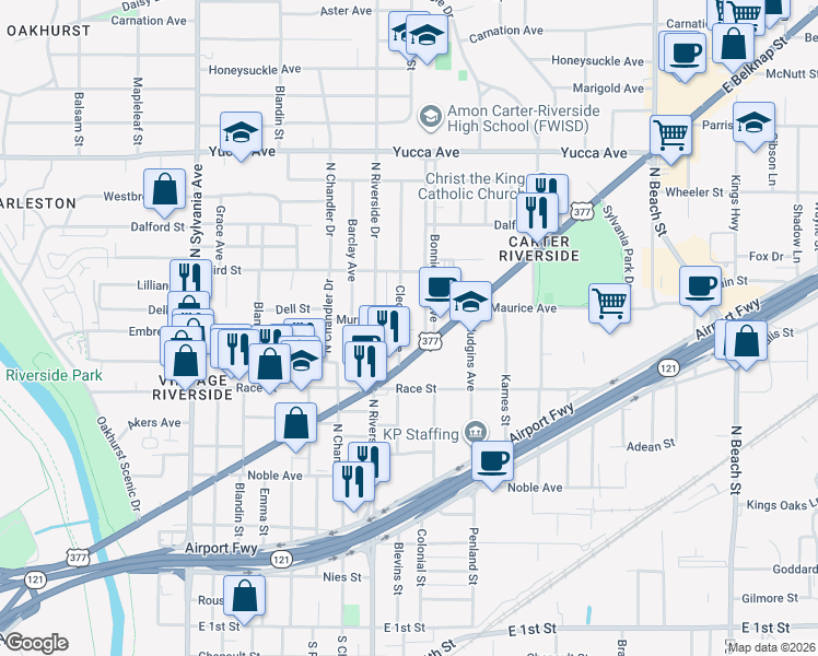 map of restaurants, bars, coffee shops, grocery stores, and more near 820 Murphy Street in Fort Worth