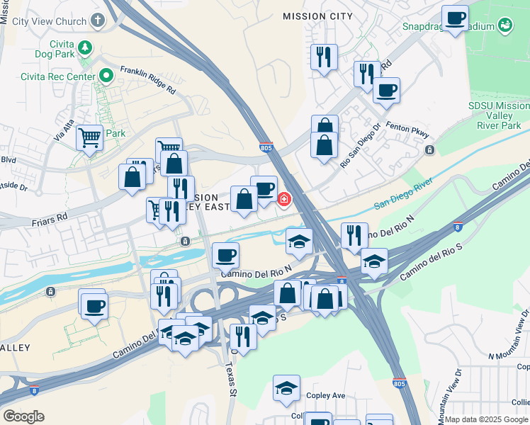 map of restaurants, bars, coffee shops, grocery stores, and more near 8989 Rio San Diego Drive in San Diego