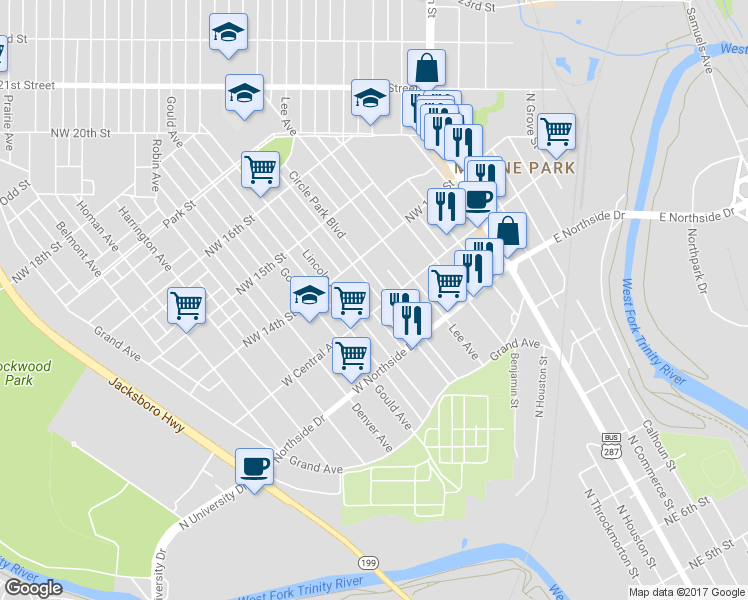 map of restaurants, bars, coffee shops, grocery stores, and more near 1401 Circle Park Boulevard in Fort Worth