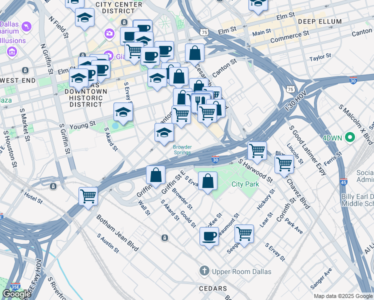 map of restaurants, bars, coffee shops, grocery stores, and more near 1818 Corsicana Street in Dallas