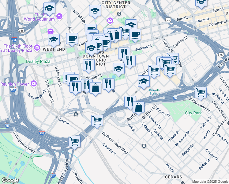 map of restaurants, bars, coffee shops, grocery stores, and more near 717 South Akard Street in Dallas