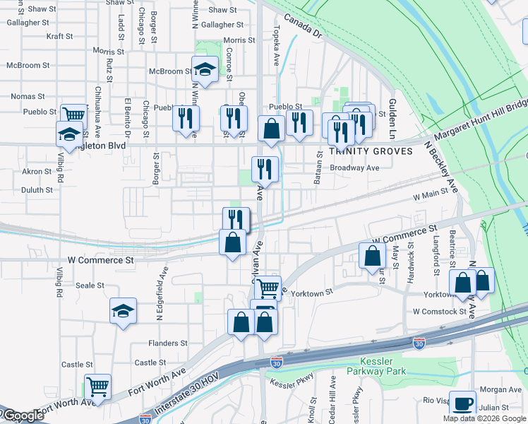 map of restaurants, bars, coffee shops, grocery stores, and more near 2500 Sylvan Avenue in Dallas