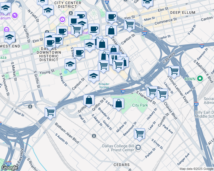 map of restaurants, bars, coffee shops, grocery stores, and more near 1818 Corsicana Street in Dallas