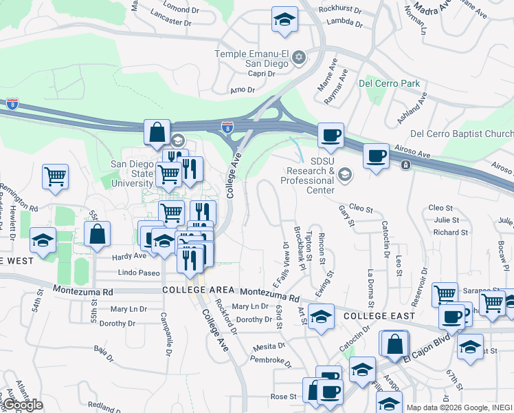 map of restaurants, bars, coffee shops, grocery stores, and more near 5336 West Falls View Drive in San Diego