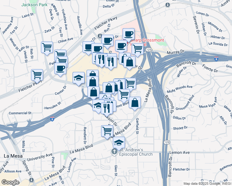 map of restaurants, bars, coffee shops, grocery stores, and more near 8780 Grossmont Boulevard in La Mesa