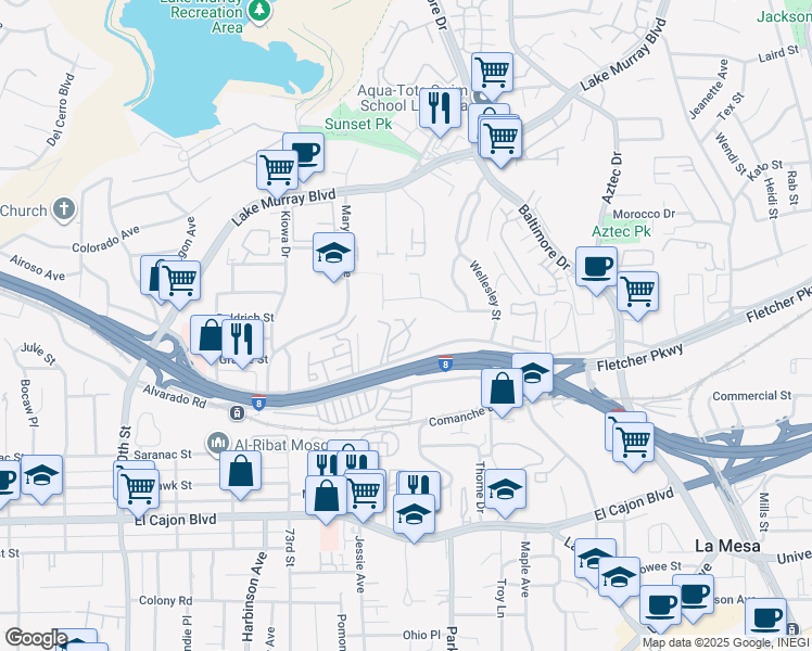 map of restaurants, bars, coffee shops, grocery stores, and more near 7504 Parkway Drive in La Mesa