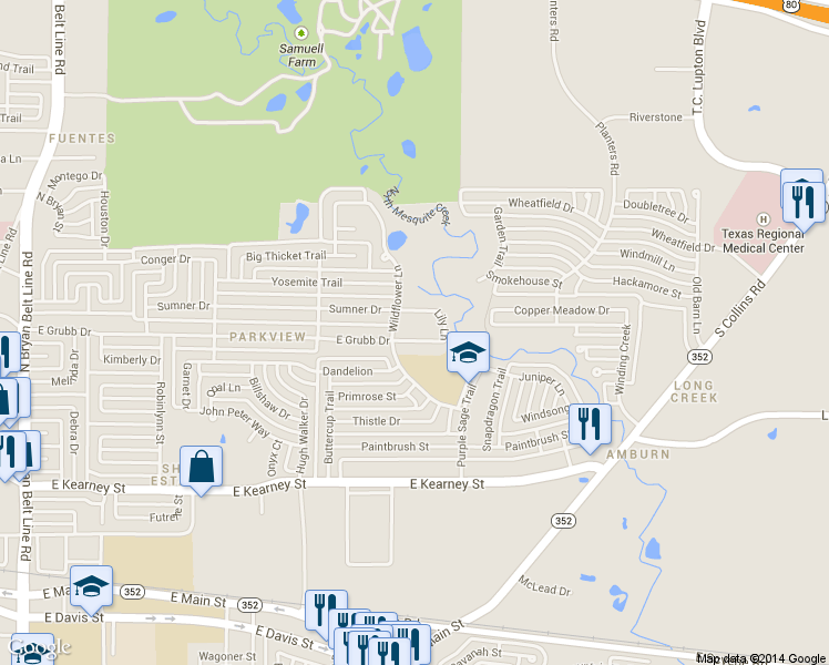 map of restaurants, bars, coffee shops, grocery stores, and more near 1013 East Grubb Drive in Mesquite