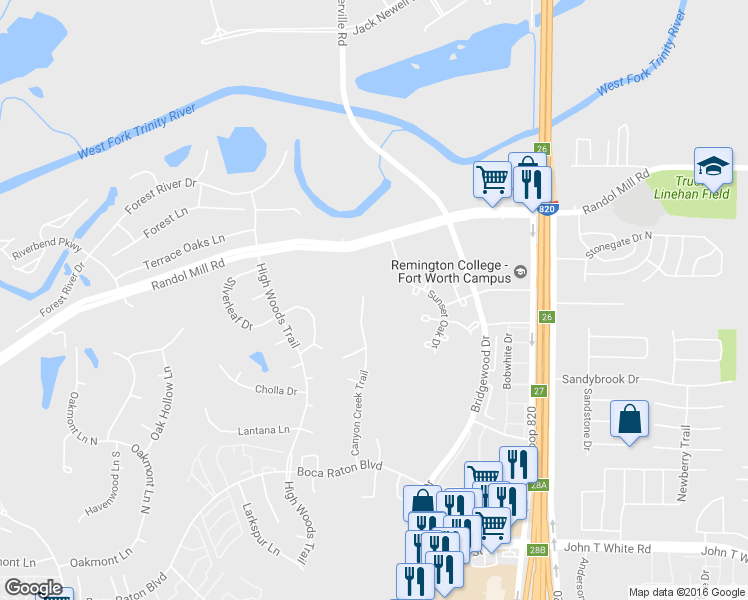 map of restaurants, bars, coffee shops, grocery stores, and more near 305 Canyon Creek Trail in Fort Worth