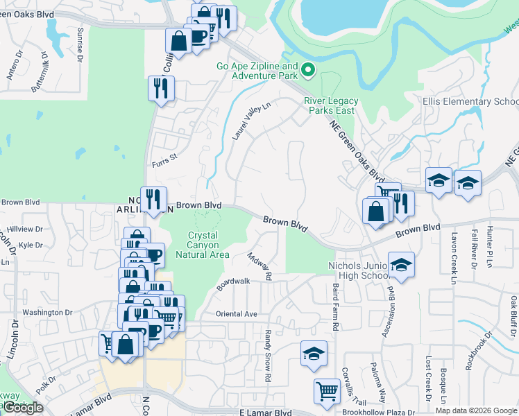 map of restaurants, bars, coffee shops, grocery stores, and more near 2508 Canyon Ridge Court in Arlington