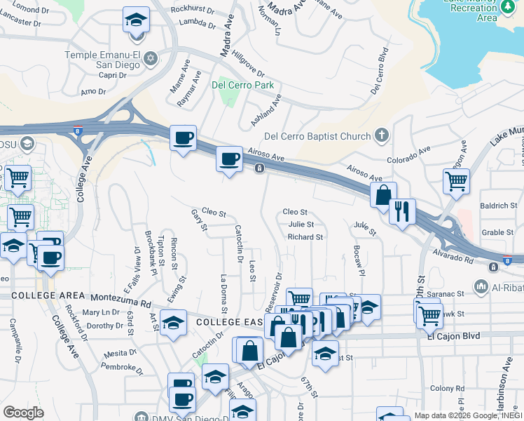map of restaurants, bars, coffee shops, grocery stores, and more near 5494 Reservoir Dr in San Diego