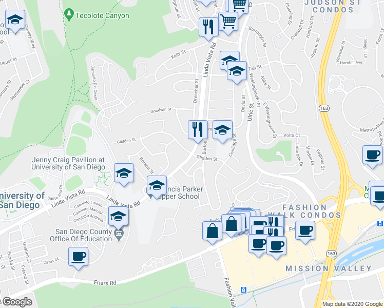 map of restaurants, bars, coffee shops, grocery stores, and more near Linda Vista Road & Glidden Street in San Diego
