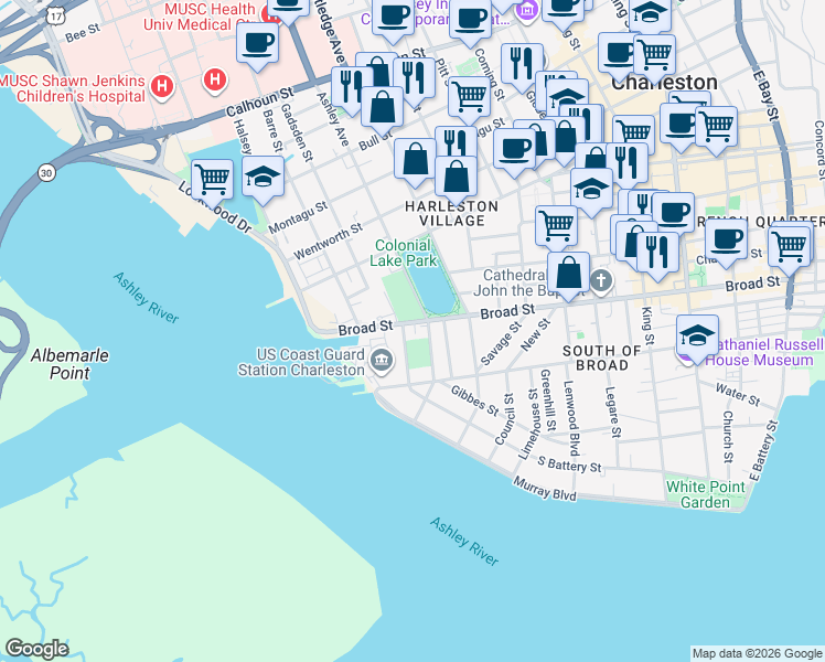map of restaurants, bars, coffee shops, grocery stores, and more near 309 Broad Street in Charleston