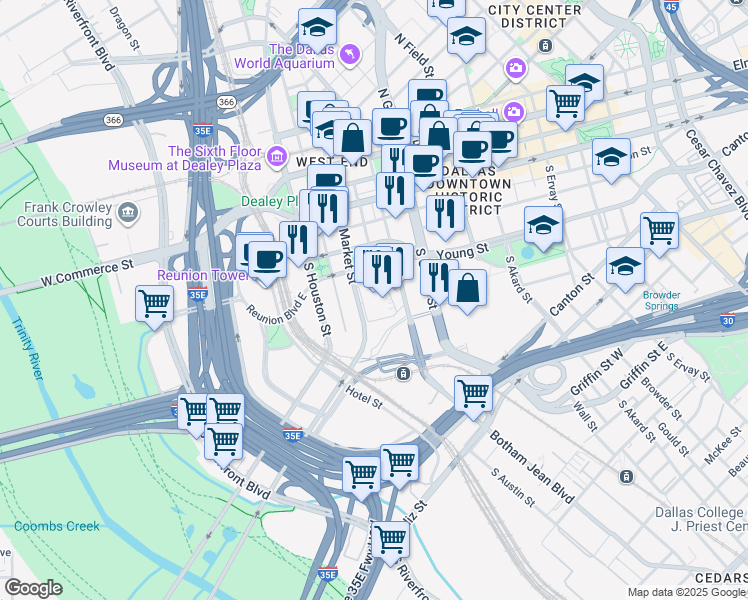map of restaurants, bars, coffee shops, grocery stores, and more near 555 South Lamar Street in Dallas