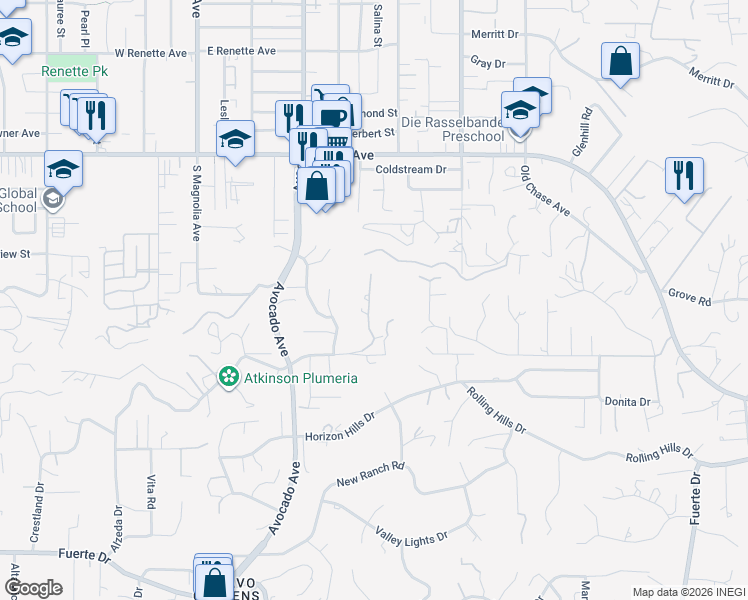 map of restaurants, bars, coffee shops, grocery stores, and more near 5329 Grandridge Road in El Cajon