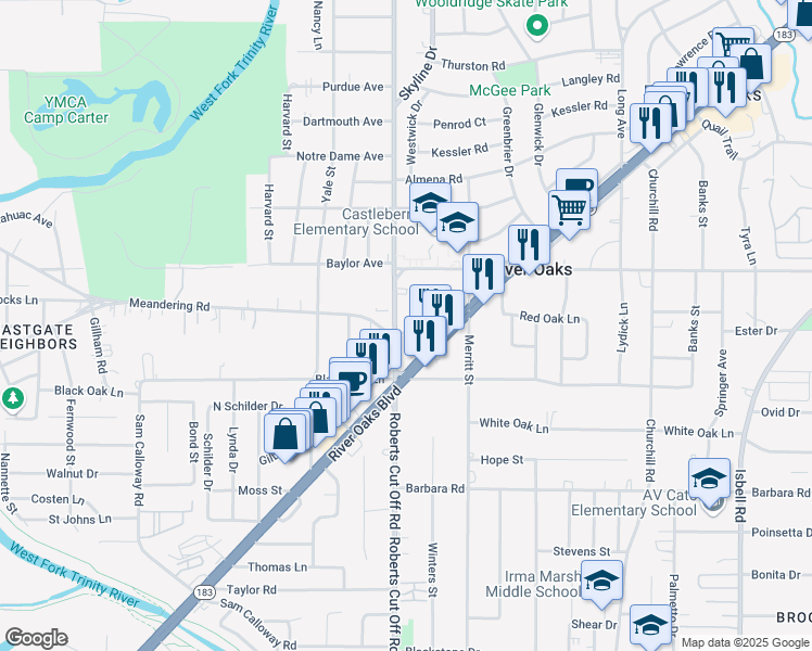 map of restaurants, bars, coffee shops, grocery stores, and more near 1000 Roberts Cut Off Road in River Oaks