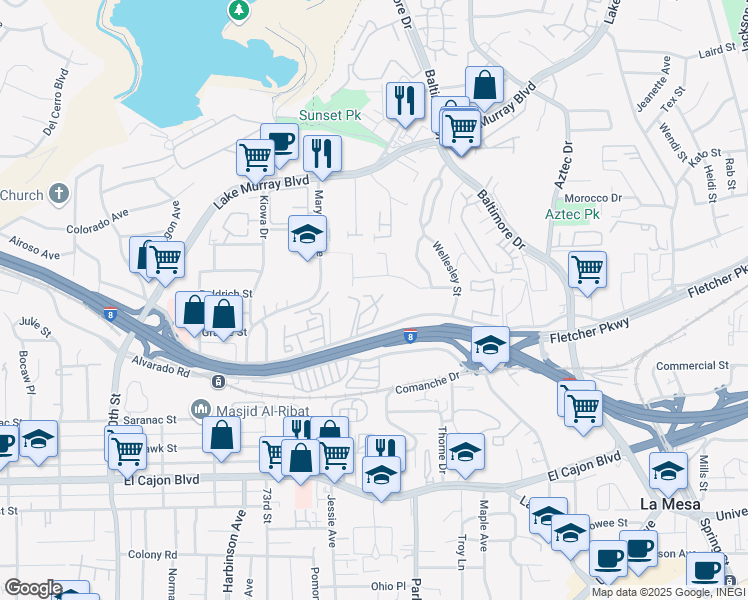 map of restaurants, bars, coffee shops, grocery stores, and more near 7506 Parkway Drive in La Mesa