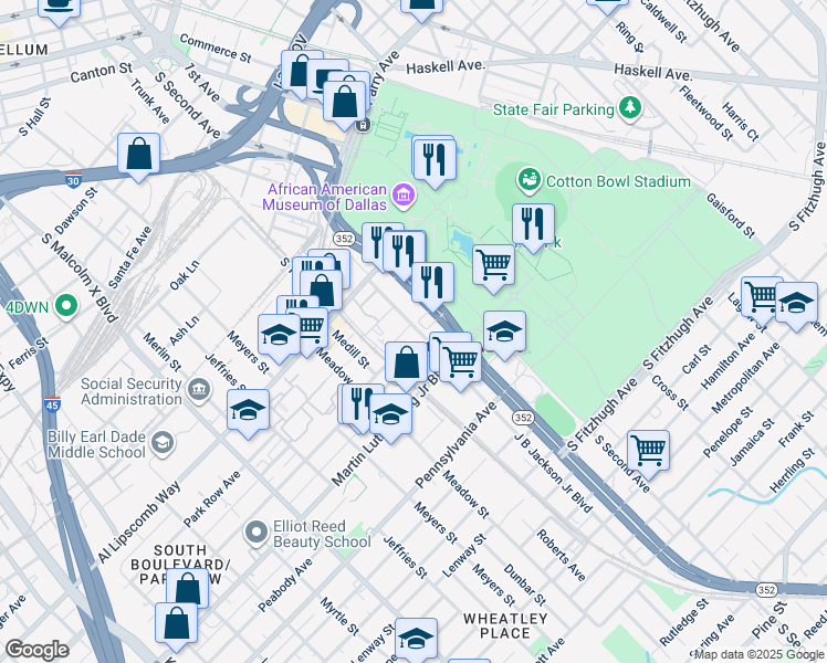 map of restaurants, bars, coffee shops, grocery stores, and more near 1461 Robert B Cullum Boulevard in Dallas