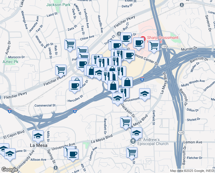 map of restaurants, bars, coffee shops, grocery stores, and more near 8375 Hercules Street in La Mesa