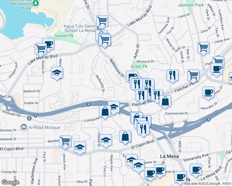 map of restaurants, bars, coffee shops, grocery stores, and more near 7740 Parkway Drive in La Mesa