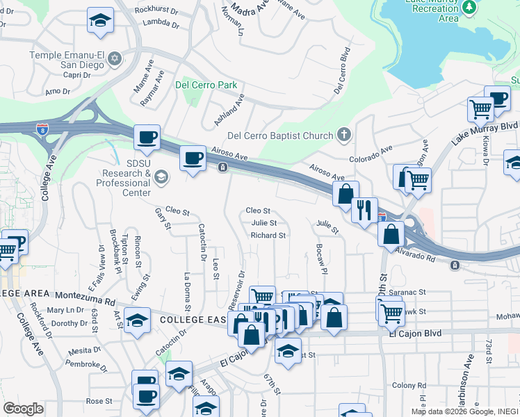 map of restaurants, bars, coffee shops, grocery stores, and more near 6673 Cleo Street in San Diego
