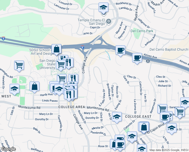 map of restaurants, bars, coffee shops, grocery stores, and more near 5336 West Falls View Drive in San Diego