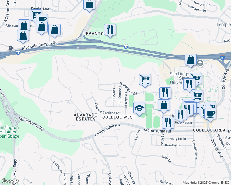 map of restaurants, bars, coffee shops, grocery stores, and more near 5356 Redding Road in San Diego