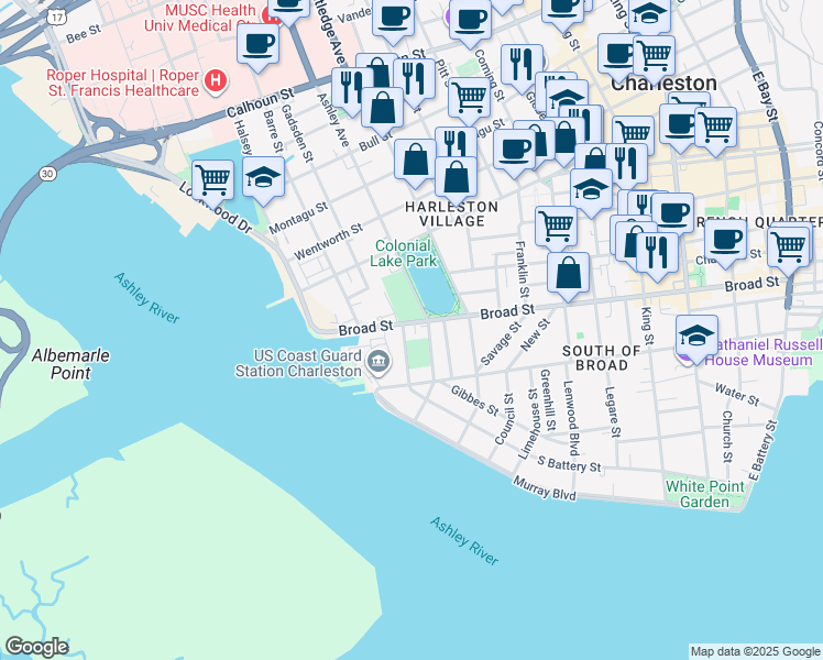 map of restaurants, bars, coffee shops, grocery stores, and more near 309 Broad Street in Charleston