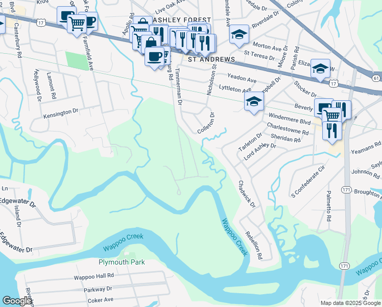 map of restaurants, bars, coffee shops, grocery stores, and more near 45 Coburg Road in Charleston